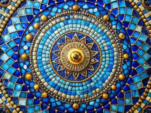 Wallpaper Mural Vibrant Blue Kaleidoscope Mosaic with Golden Center - Tilt-Shift Artistic Background Torontodigital.ca