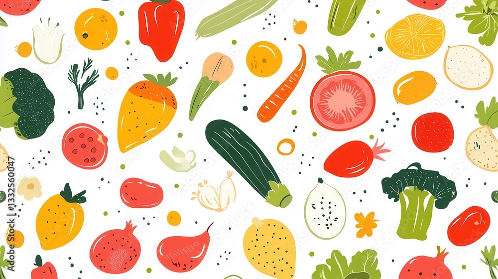 Colorful seamless pattern of fresh vegetables and fruits in modern flat style featuring various shapes and vibrant colors for design work Colorful seamless pattern of fresh vegetables and fruits in modern flat style featuring various shapes and vibrant colors for design work