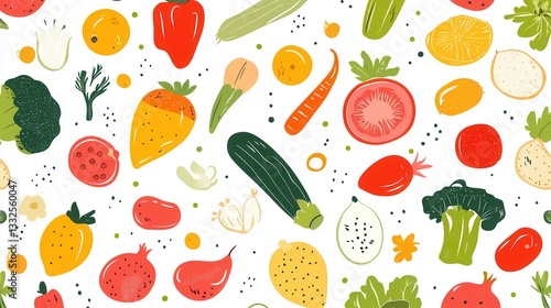 Colorful seamless pattern of fresh vegetables and fruits in modern flat style featuring various shapes and vibrant colors for design work