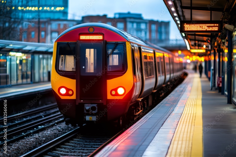 Naklejka premium Modern electric train departing from railway station at dusk