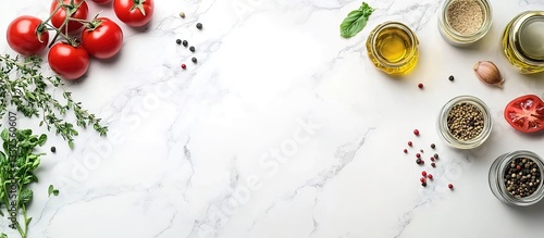  Flat lay of a white marble kitchen counter with food ingredients like tomatoes, herbs, and spices on the sides.