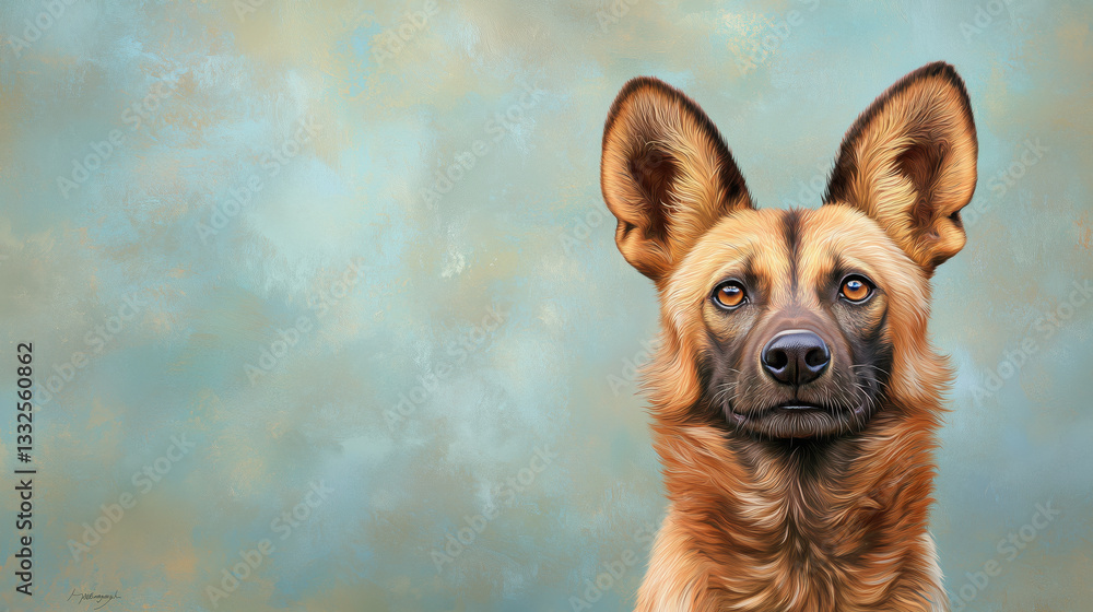 Wild dog with large ears and alert expression against blue textured background with copy space. Wildlife portrait concept for animal conservation campaigns and endangered species awareness Wild dog with large ears and alert expression against blue textured background with copy space. Wildlife portrait concept for animal conservation campaigns and endangered species awareness