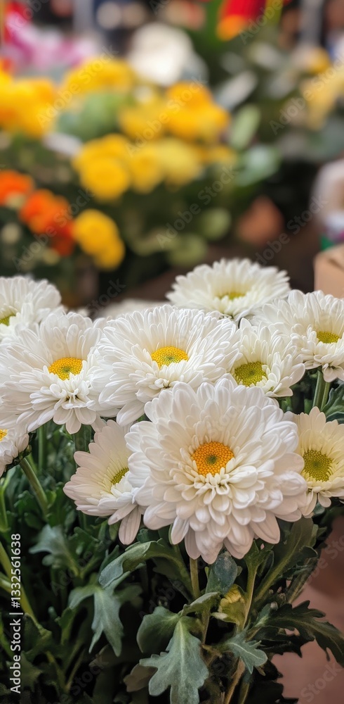 Fototapeta premium Beautiful Close-Up of White Chrysanthemum Flowers in a Vibrant Flower Market Setting with Blurred Colorful Background Elements