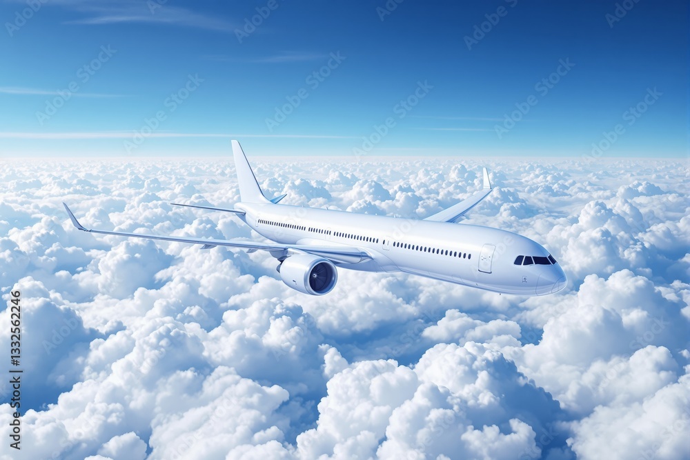 Obraz premium Commercial airplane flying above clouds in blue sky.