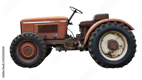 Old red tractor isolated on transparent background with clipping path