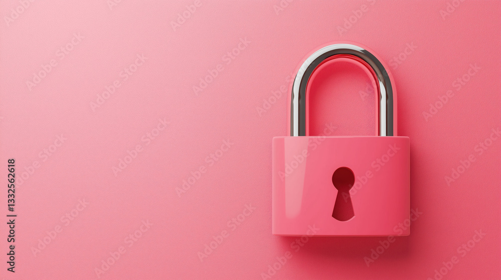 Pink padlock with keyhole against matching color background with copy space. Data security concept suitable for privacy protection campaigns and information security awareness materials Pink padlock with keyhole against matching color background with copy space. Data security concept suitable for privacy protection campaigns and information security awareness materials
