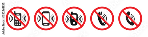 No phone calls sign set. No cell phones, no smartphone, no mobile phone allowed sign vector symbol.