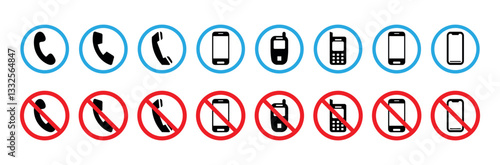 Phone allowed and not allowed, mobile phone in green circle pictogram, round vector icon.