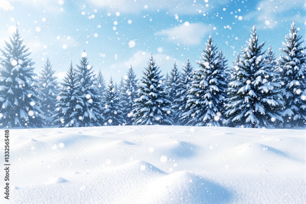 Fototapeta premium Snow-covered pine trees in winter landscape.