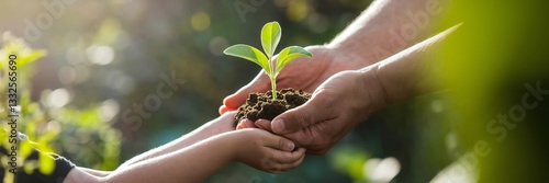 Earth Day, Protecting Our Planet Child and Adult Hands Gently Holding a Young Plant Seedling