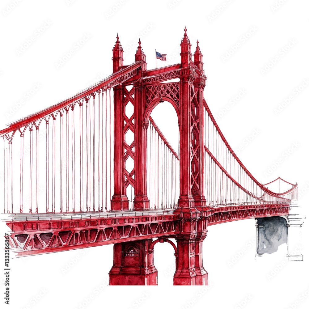 Naklejka premium Red Bridge with American Flag