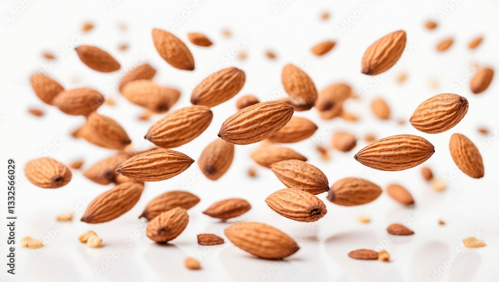 A Tasty Display of Flying Falling Almonds Isolated on a Clean Background A Tasty Display of Flying Falling Almonds Isolated on a Clean Background