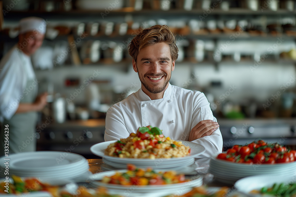 A chef is smiling and posing with a plate of food A chef is smiling and posing with a plate of food