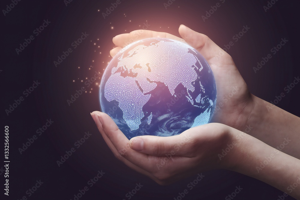 Earth Day, Protecting Our Planet Hands Gently Holding a Glowing Digital Earth Globe Earth Day, Protecting Our Planet Hands Gently Holding a Glowing Digital Earth Globe