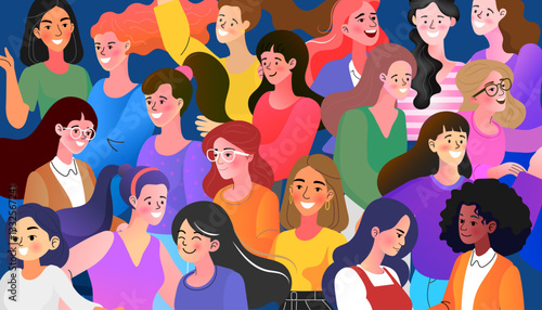 Vibrant unity of diverse multicultural women. Large crowd of female faces representing global sisterhood and social inclusion. Empowering community, togetherness, and equality concept vector.