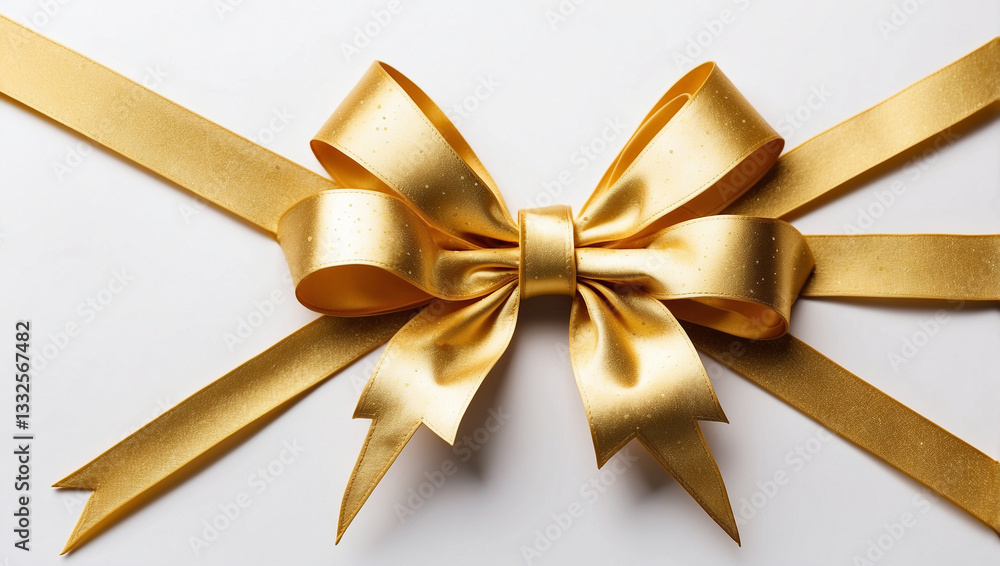 A Shiny Gold Star Gift Bow Ribbon Isolated on a Bright White Background A Shiny Gold Star Gift Bow Ribbon Isolated on a Bright White Background