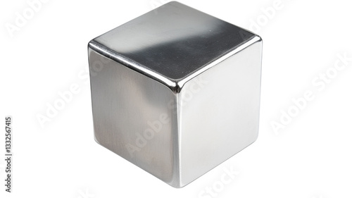 Shiny metal cube rotating on transparent background