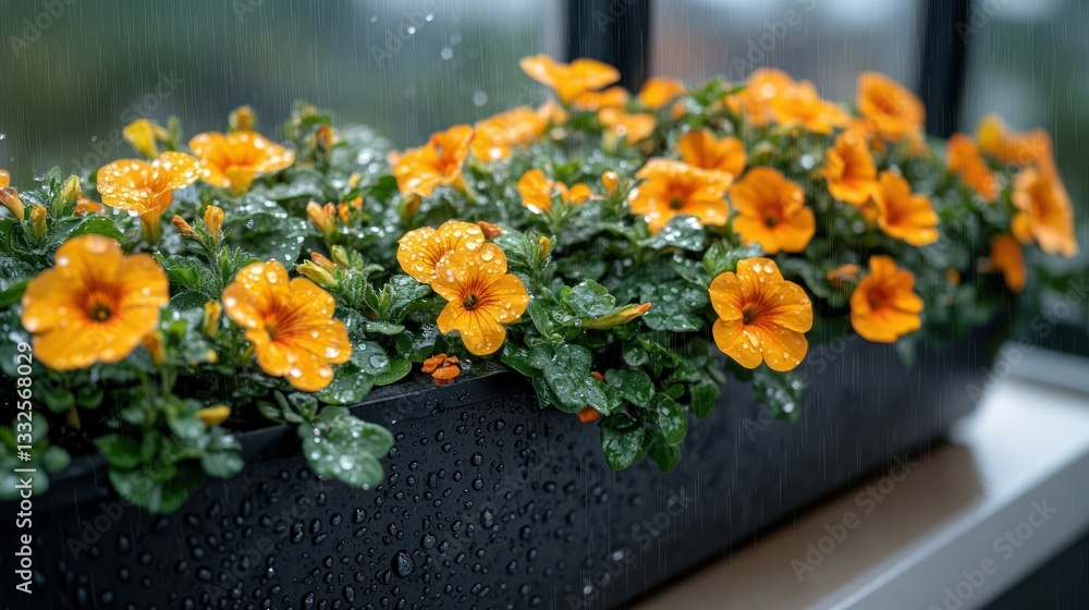 Fototapeta premium Orange flowers in a window box, rain drops