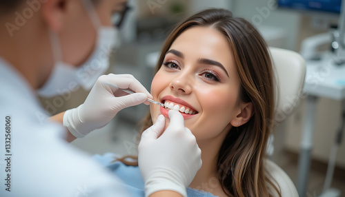Young woman checks the dentist of patient teeth, 8k image
