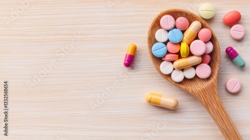 Colorful Pills Capsules in Wooden Spoon on Table