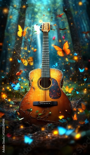 Acoustic Guitar in Enchanted Forest with Butterflies and Fireflies
