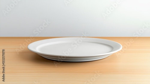 Empty White Plate on Wooden Table against Textured White Wall