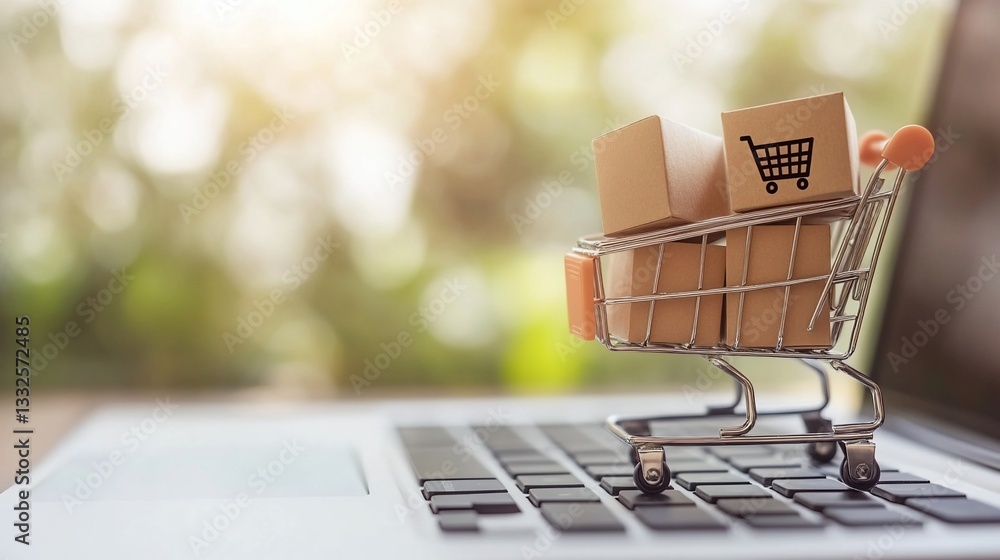 Online shopping cart with small cardboard boxes on laptop. Online shopping cart with small cardboard boxes on laptop.