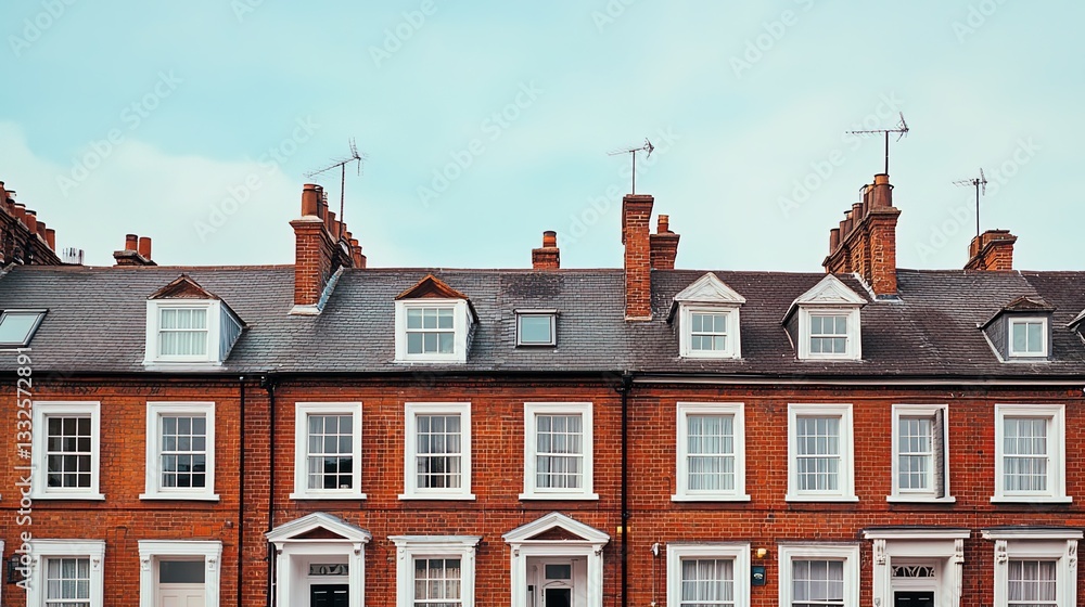 Fototapeta premium A photograph of an elevated view of row of terraced brick houses in London, taken from the front with the windows and chimneys in focus