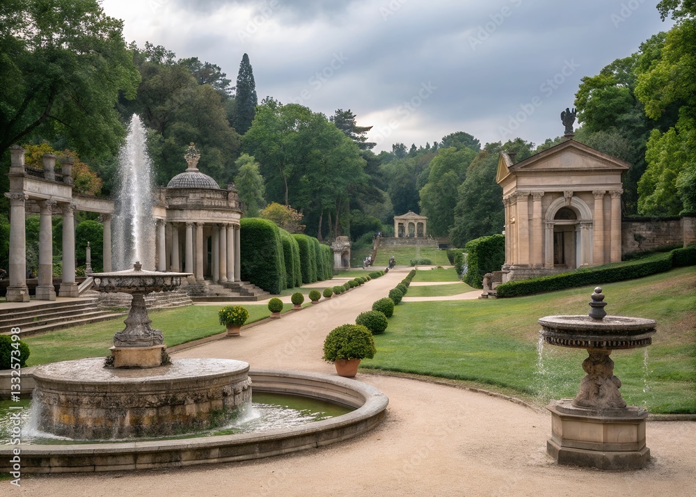 A Serene Classical Garden Unfolds, Showcasing Elegant Stone Structures And A Majestic Fountain, Creating A Tranquil And Timeless Atmosphere With Soft Light And Lush Greenery A Serene Classical Garden Unfolds, Showcasing Elegant Stone Structures And A Majestic Fountain, Creating A Tranquil And Timeless Atmosphere With Soft Light And Lush Greenery