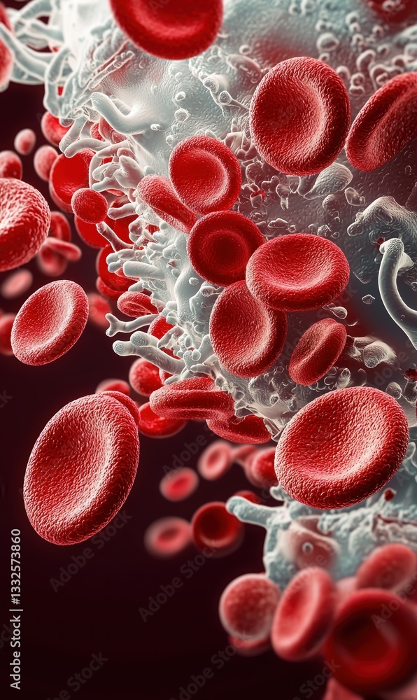 Fototapeta premium Microscopic view revealing red blood cells circulating in the human circulatory system