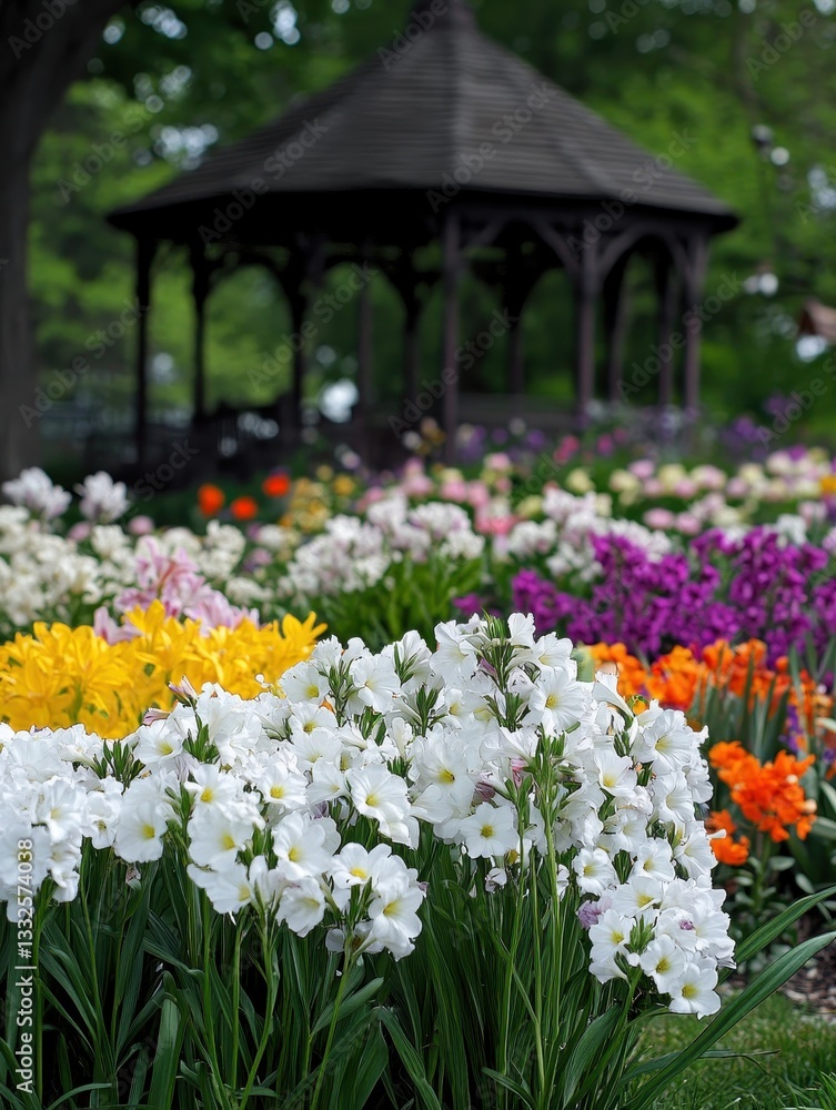 Fototapeta premium Beautiful flower garden with vibrant colors and decorative gazebo surrounded by blooming flora in springtime, showcasing nature's artistry and tranquility