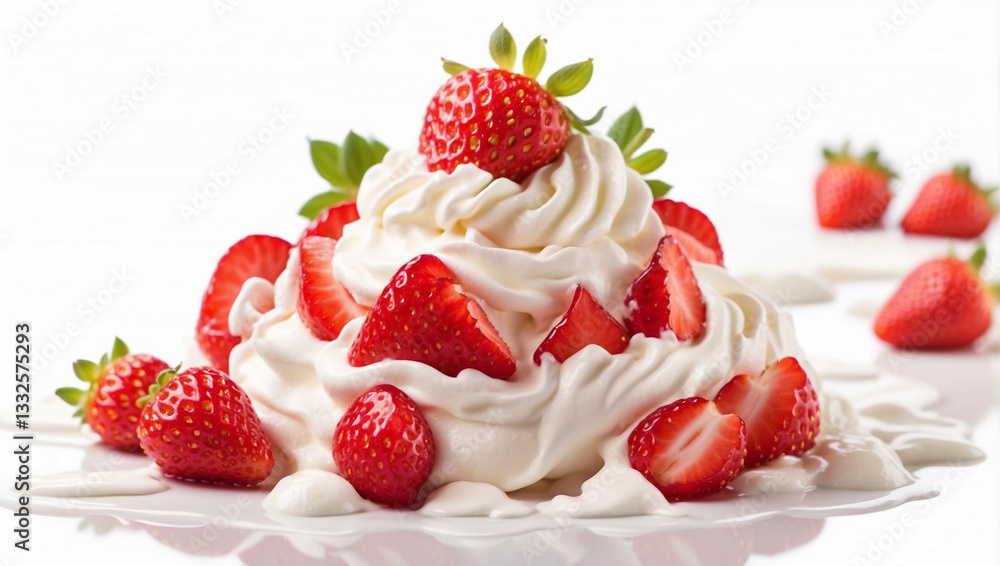 Juicy Strawberry Drenched in Whipped Cream Isolated for a Perfect Treat Juicy Strawberry Drenched in Whipped Cream Isolated for a Perfect Treat