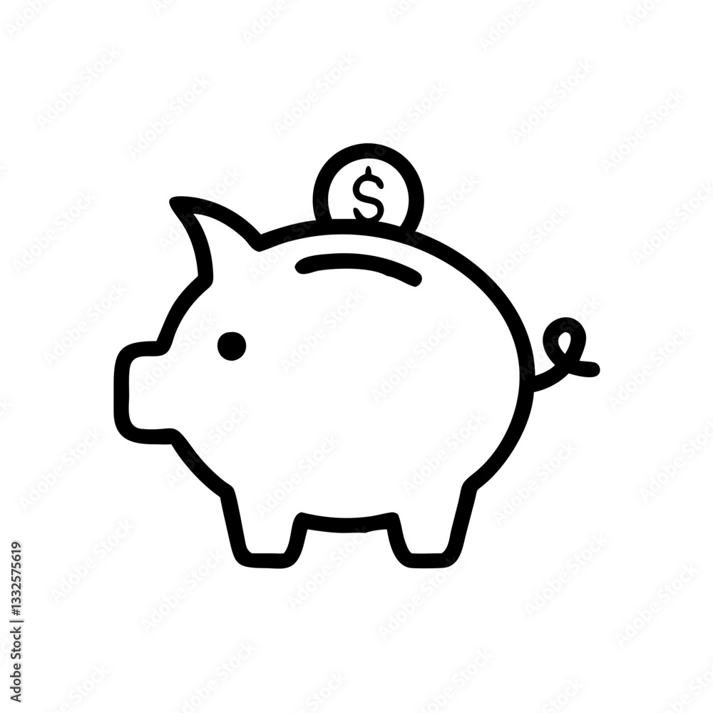 Piggy bank with coin icon in black and white Piggy bank with coin icon in black and white
