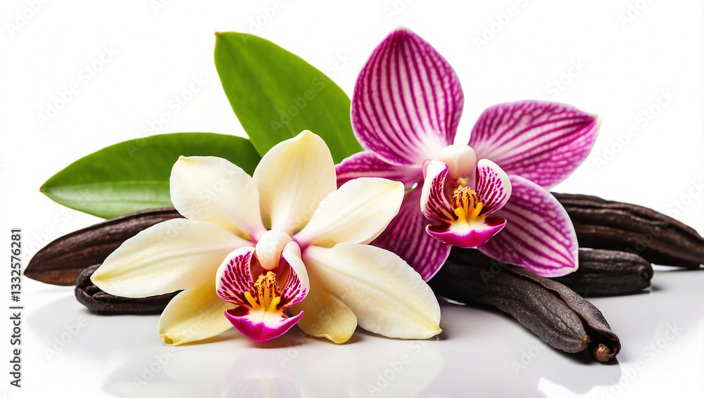 An Elegant Display of Vanilla Pods with Orchid Flowers Perfect for Culinary and Decorative Use An Elegant Display of Vanilla Pods with Orchid Flowers Perfect for Culinary and Decorative Use