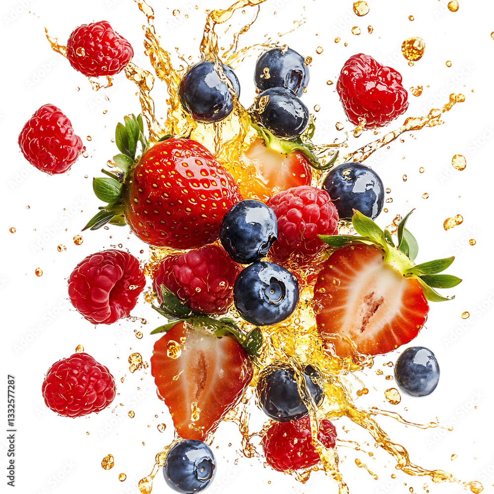 A Splash of Strawberries Blueberries and Raspberries Isolated on Transparent Background A Splash of Strawberries Blueberries and Raspberries Isolated on Transparent Background