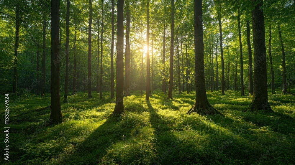 Fototapeta premium Sunlit Forest: A Serene Morning in the Woods