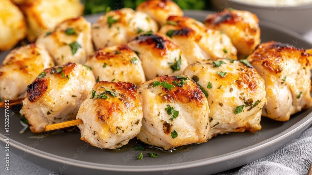 Close-up view of grilled Parmesan chicken skewers highlighting a delicious texture and flavor, perfect for meal ideas or party snacks Close-up view of grilled Parmesan chicken skewers highlighting a delicious texture and flavor, perfect for meal ideas or party snacks