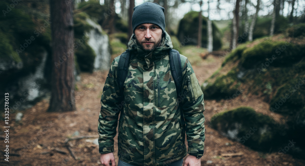 Obraz premium Young caucasian male hiker in camo jacket exploring forest