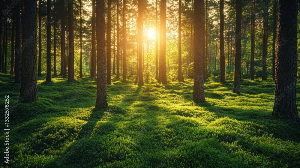 Fototapeta premium Golden Hour in the Enchanting Forest: A Serene Sunset Landscape