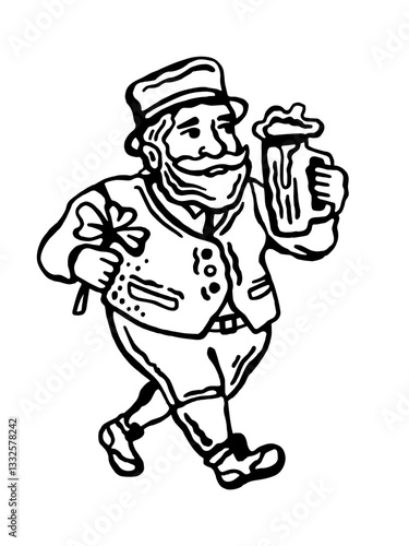 Vector illustration of a black and white bearded Irish leprechaun, with a shamrock leaf and a glass of beer, on a white isolated background