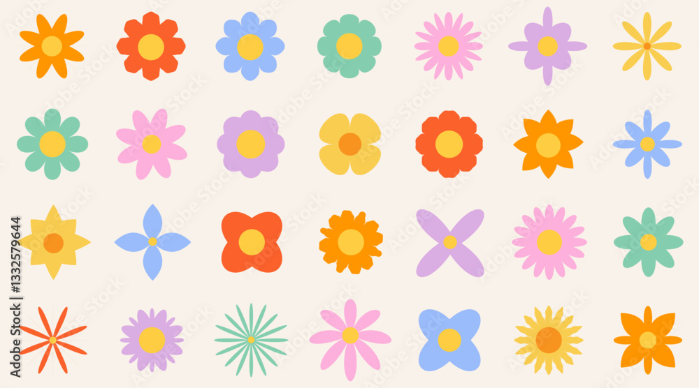 Set of colorful abstract flowers. Retro geometric spring flowers. Groovy simple flowers set. For greting card, poster, banner, social media. Set of colorful abstract flowers. Retro geometric spring flowers. Groovy simple flowers set. For greting card, poster, banner, social media.