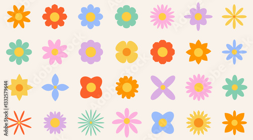 Set of colorful abstract flowers. Retro geometric spring flowers. Groovy simple flowers set. For greting card, poster, banner, social media.