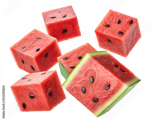 A Collection of Perfectly Cut Watermelon Cubes Floating – Fresh and Juicy