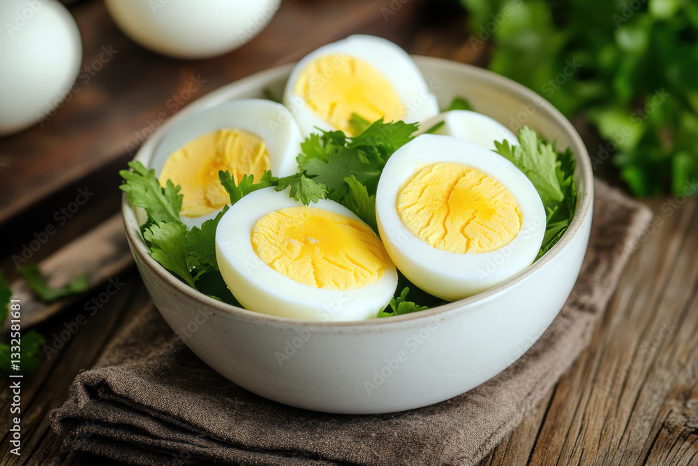 Hard-Boiled Egg Halves in a Bowl with Fresh Cilantro Hard-Boiled Egg Halves in a Bowl with Fresh Cilantro