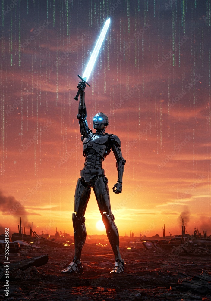 Fototapeta premium Futuristic Cyborg Warrior Celebrating Victory in Post-Apocalyptic Battlefield