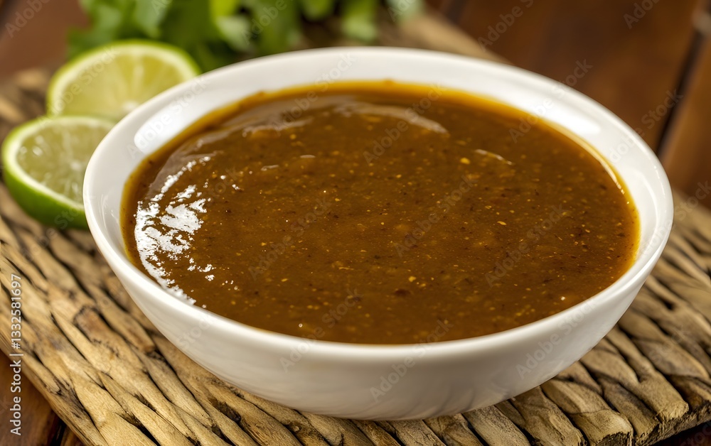 Delicious Brown Sauce in White Bowl with Lime Delicious Brown Sauce in White Bowl with Lime