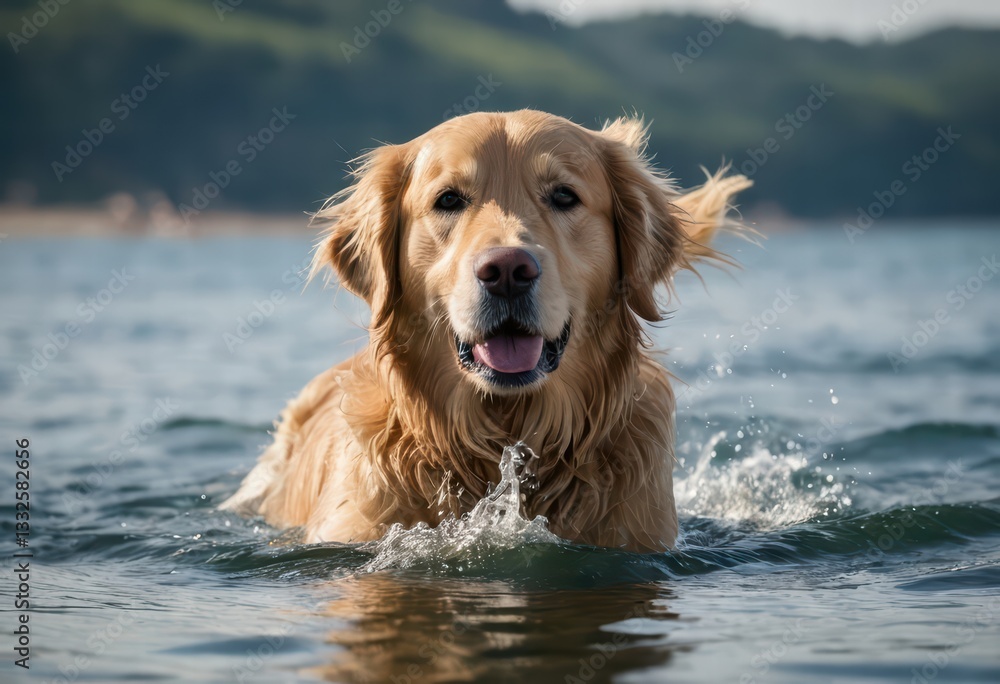 golden retriever dog swimming in the water of a river, in autumnal meadown golden retriever dog swimming in the water of a river, in autumnal meadown
