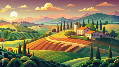 Italy countryside landscape with Tuscany rolling hills ; sunset over the farm land