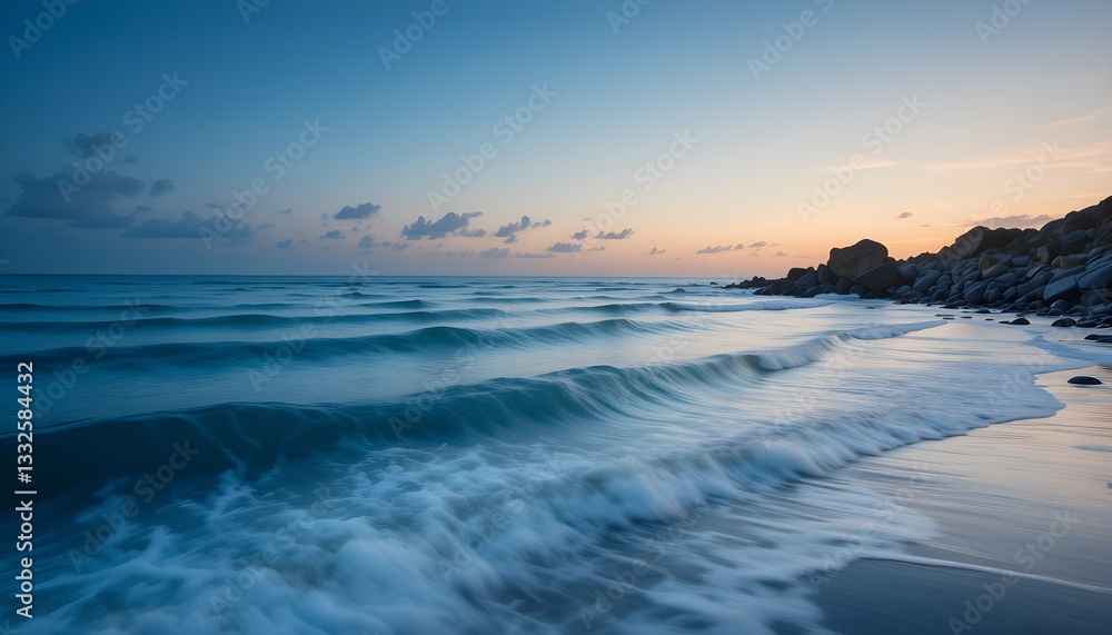 Obraz premium Serene Twilight Embraces The Oceans Gentle Caress On A Tranquil Shore With Soft, Blue Hues And A Peaceful Sunset