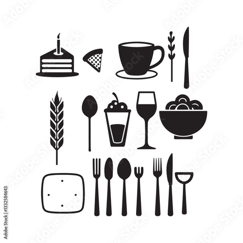 Food and Drink Icon Set with Burgers Pizza Coffee and Desserts